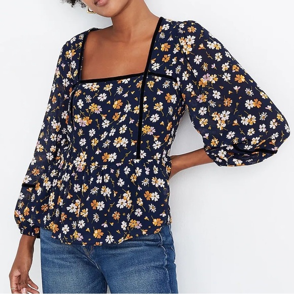Madewell Tops - Madewell Navy Blue Petal Party Floral Velvet Trim Balloon Sleeve Square Neck Top